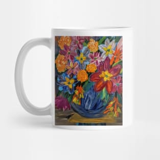 abstract vibrant colorful flowers in a glass vase with gold accent on base and top of vase Mug